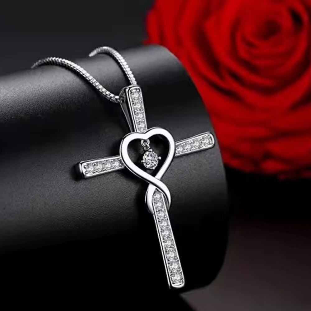 925 Silver Necklace w/ CZ Infinity Heart Cross Women's Valentine's Birthday Gift